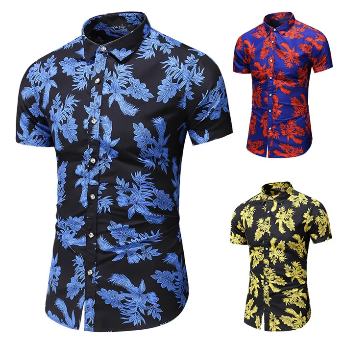 2019 летние мужские модные повседневные мужские рубашки с коротким рукавом Высококачественная Мужская листьев рубашки мужские полный