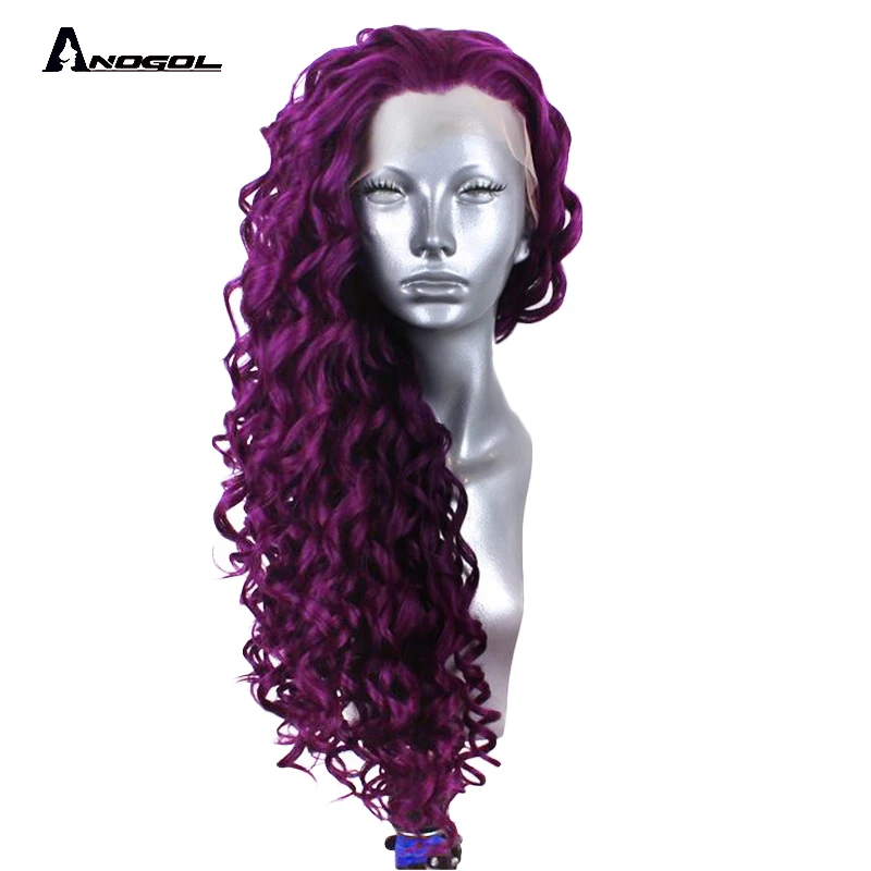 Anogol 2" Isla-Deep фиолетовый длинный кудрявый свободная часть синтетический кружевной передний парик для белых черных женщин высокотемпературное волокно