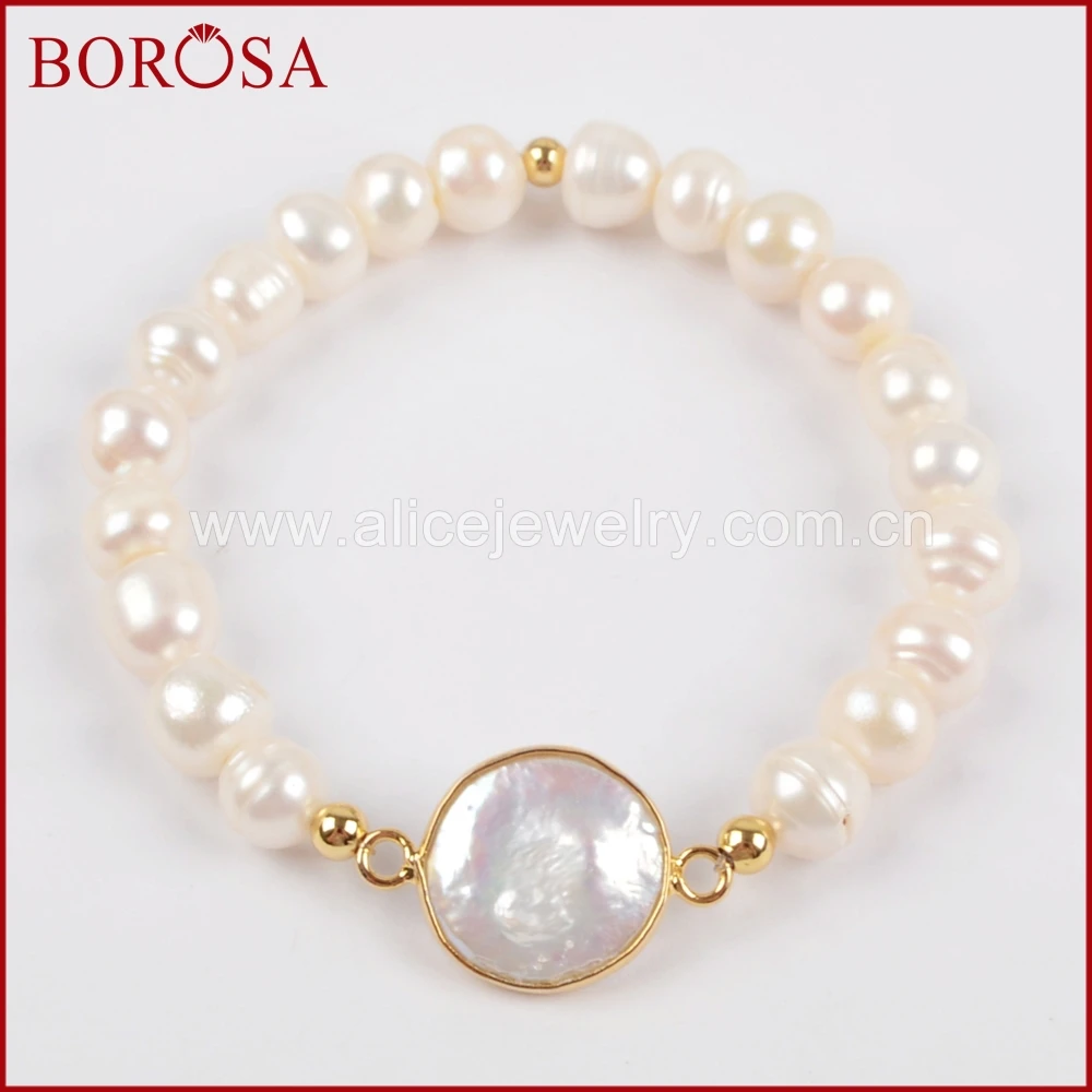 

BOROSA Handcrafted Natural Pearl Bracelets for Women,Gold Color Freshwater Pearl Bead Connector Bracelets Druzy Jewelry G1407