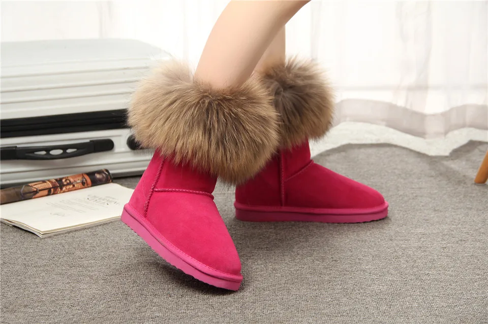 MBR FORCE Fashion Women's Natural Real fox Fur Snow Boots Genuine Cow Leather women Boots Female Warm Winter Boots Shoes