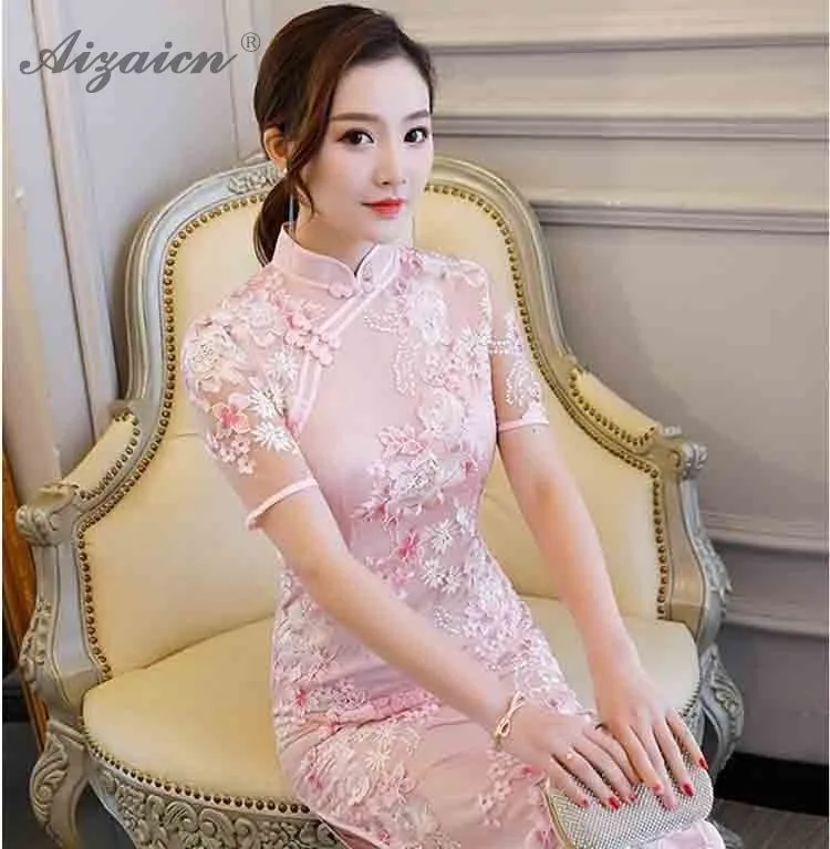 Чонсам Чино, vestido Qipao vestido bordado de encaje de color rosa Qi Pao Chinoies tradicionales vestidos de las mujeres