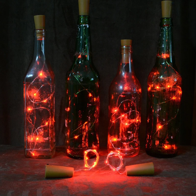 Светодиодный светильник с серебряной проволокой, 2 м, 20 светодиодный, для бутылки вина, пробкового цвета, на батарейках, звездная веревка, сказочный светильник, вечерние, праздничные, рождественские