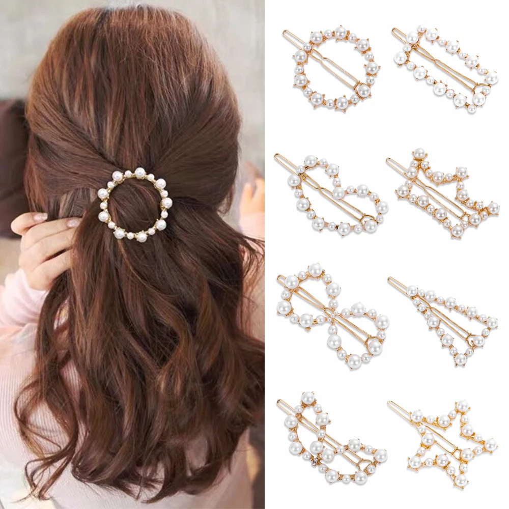 

Hot Elegant Women Fashion Geometric Pearl Hairpins Round Triangle Heart Hairgrips Hair Clips Barrettes Hair Accessories