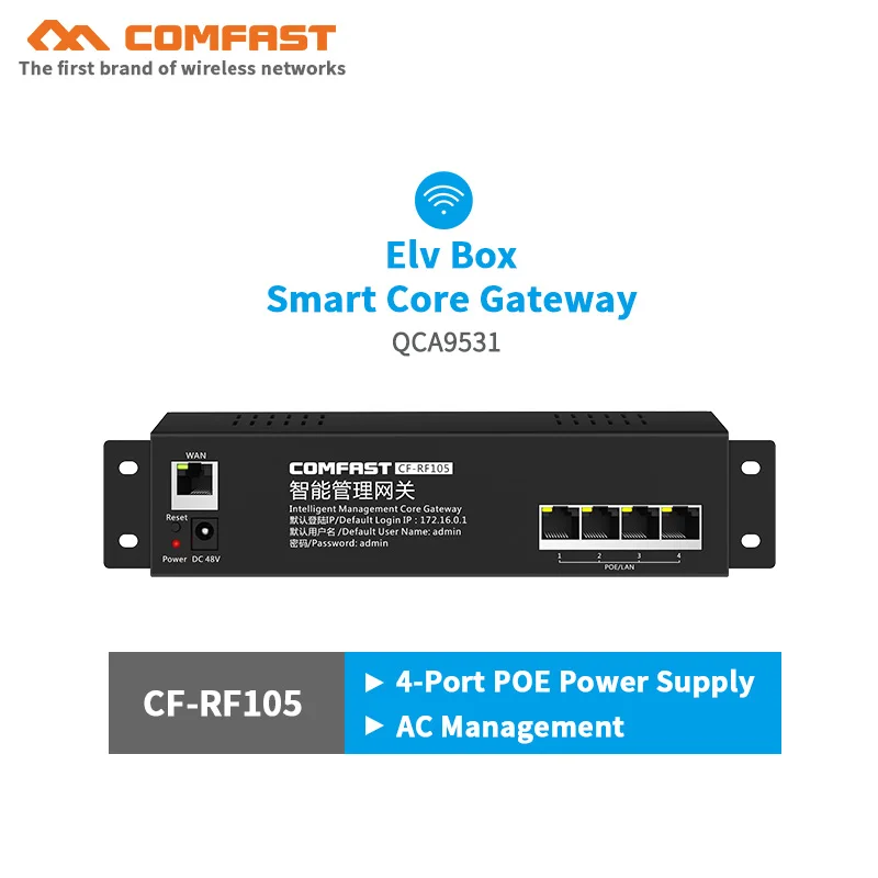 

Comfast CF-RF105 100M Smart Core Gateway AC Gateway Routing with 4 LAN 10/100Mbps POE port 802.3 Ethernet Wifi Project router