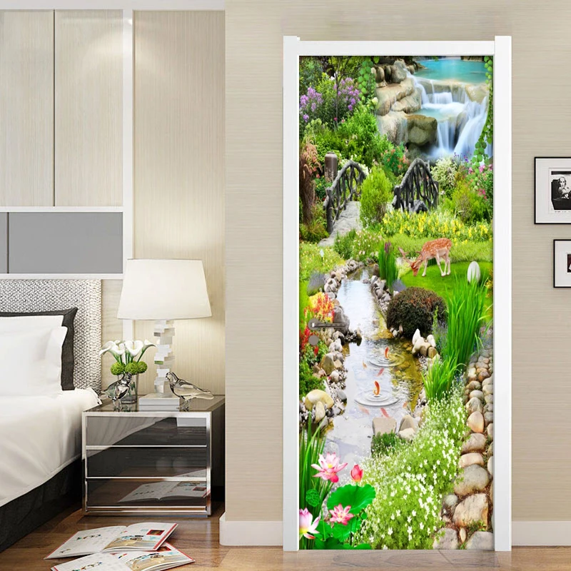 3D Forest Stream Self-adhesive Door Stickers Room Decor Decal Mural Removable