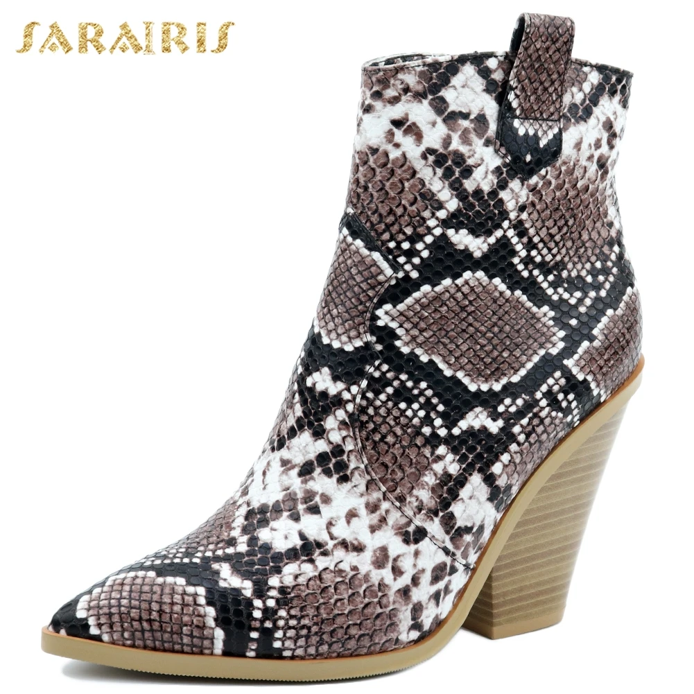 

2019 big Size 34-43 leopard Vintage high Heels ankle Boots Women Shoes Slip On snake pointed toe Western boots Shoes Woman