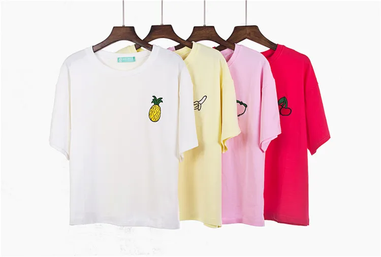 Harajuku топ с вышивкой летняя футболка Женские топы персиковый ананас, банан, вишня, фрукты, короткий рукав Футболка Свободные футболки