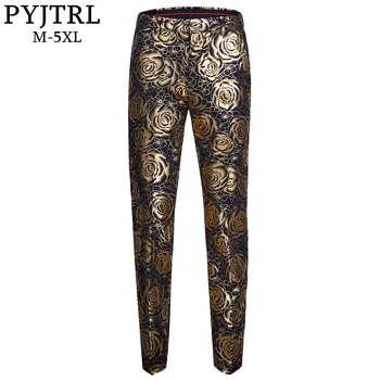 

PYJTRL Brand Tide Men Gold Floral Slim Fit Adjustable Waist Suit Trousers Plus Size Hip Hot Male Casual Pants Pantalon Homme