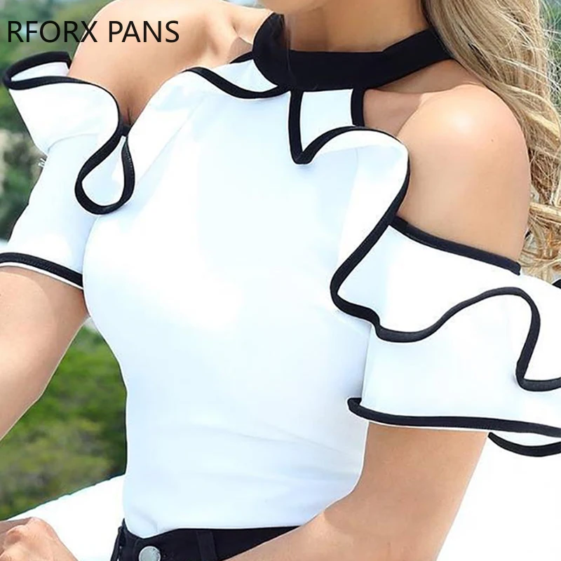 

Contrast Binding Ruffles Cold Shoulder Blouse
