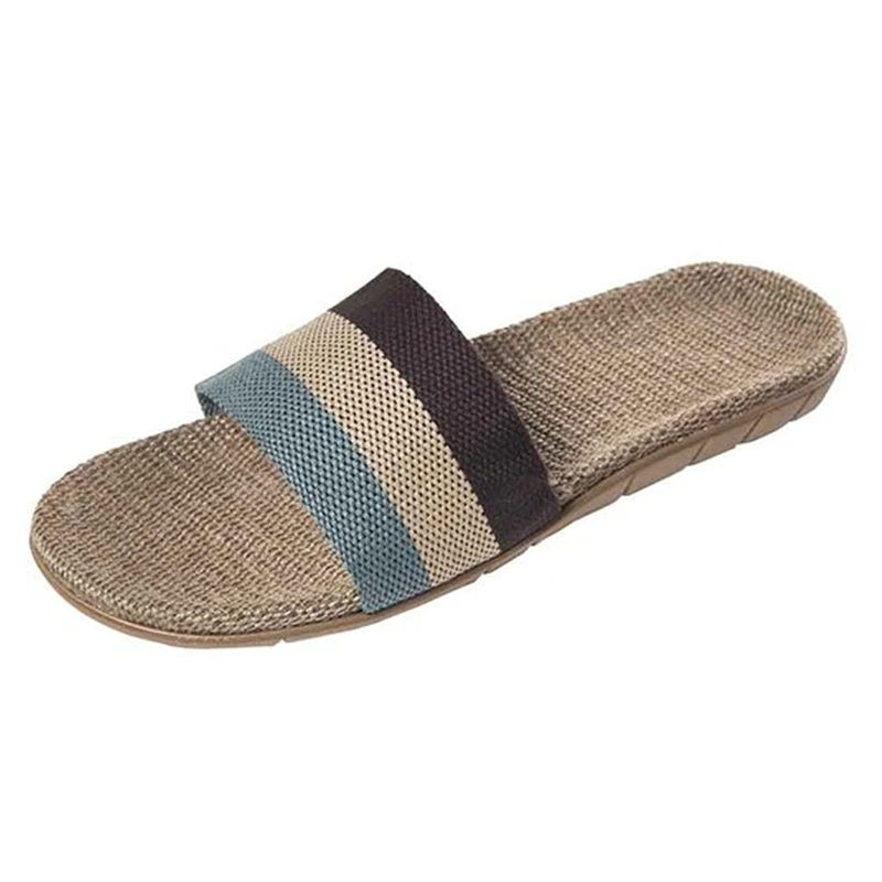 Summer Home Slippers Men Shoes Linen Flip Flops Striped Couples Slides Antiskid Indoor Slippers Flat Home Shoes Pantoufle Homme