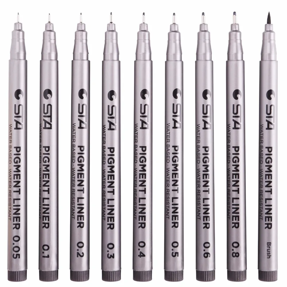 Kaufen STA 9 teile los Schwarz Unterschiedlicher Größe Pinsel Marker Auf Wasserbasis Pigment Liner Dreieckige Fineliner Stifte für Kunst Lieferungen Schreibwaren