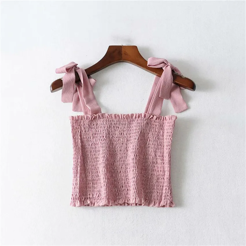4 Color sexy stylish solid backless crop top stretchy adjustable straps sleeveless bow tie female summer short blouses