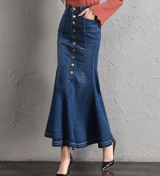 

Cotton blend denim skirts for women trumpet vintage skirts casual new fashion autumn spring blue slimming button empire tyn0731