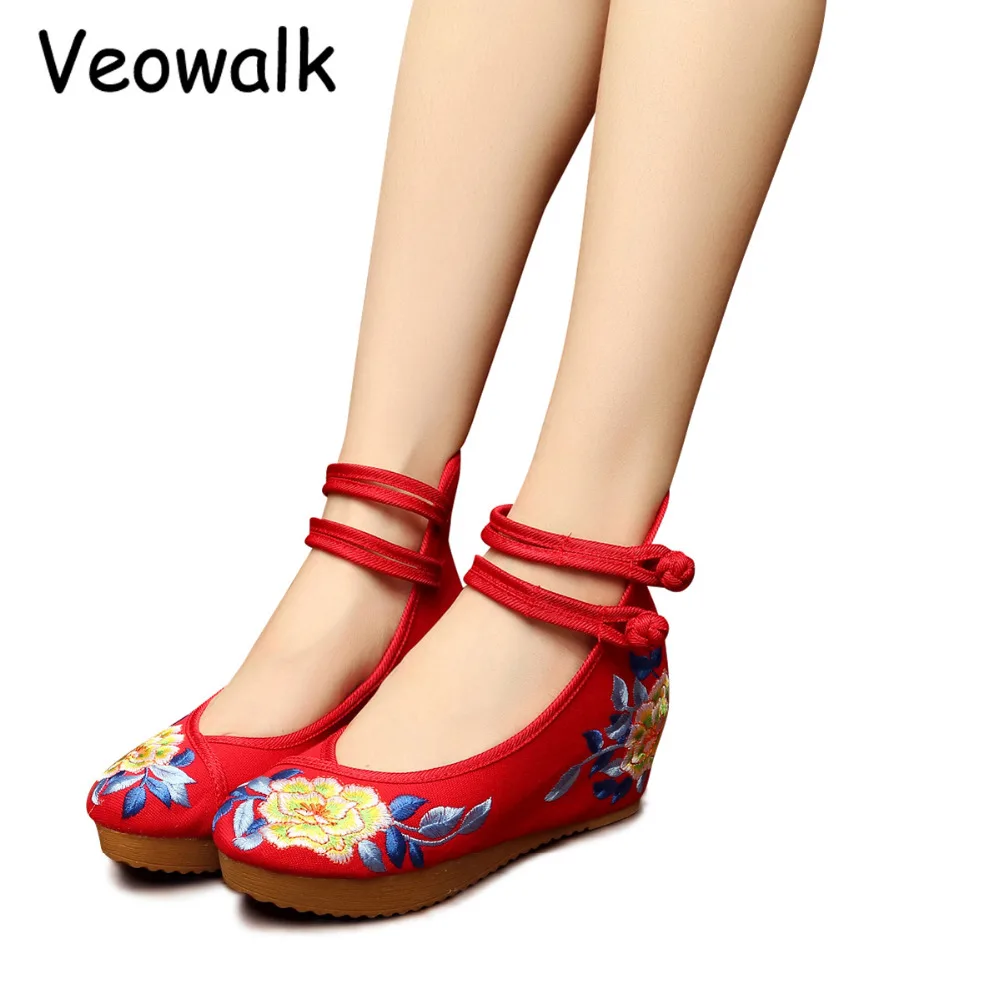 Veowalk/Женская парусиновая обувь на плоской платформе в китайском стиле; удобная женская обувь из хлопка с цветочной вышивкой в стиле старого Пекина; zapatos mujer