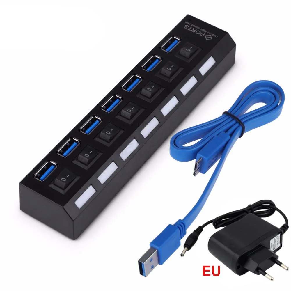 TWOBRO 7 портов USB концентратор 3,0 Портативный USB 3,0 концентратор разветвитель до 5 Гбит/с ЕС/США адаптер питания для ПК ноутбук USB разветвитель концентратор - Цвет: 7 ports black EU