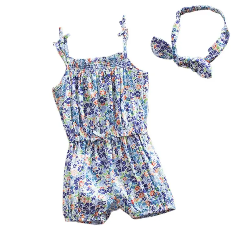 

Summer  Baby Girls Sweet Flower Printing Bodysuit Hairband Set Strappy Romper Outfits For Kids With Headband 1-4Y