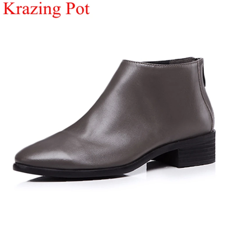 

2018 new arrival big size zipper genuine leather med heels ankle boots motorcycle Chelsea boots round toe solid winter shoes L01