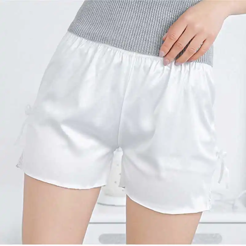 

women plus size 5XL summer breathable shorts imitation satin silk cool short pants bow and floral lace patchwork mini capris