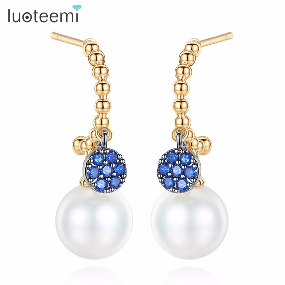 

LUOTEEMI Fashion Simple Design Gold Color Long Line Imitation Pearl Round Shape Drop Earrings Cubic Zirconia For Women Party