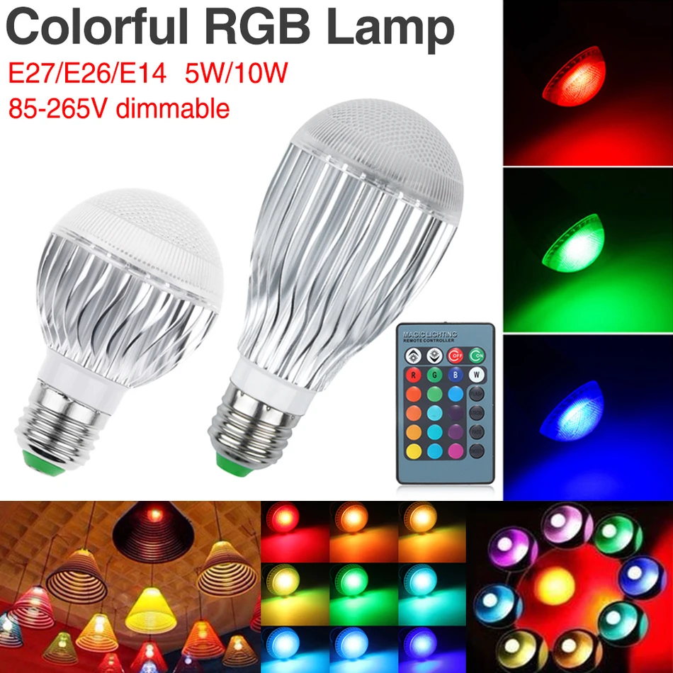 

5X 16 Colors 5W/10W RGB LED lamp AC 85~265V E27 E26 E14 Ball Spotlight Bulb With IR Control Holiday Decor Atmosphere Night light