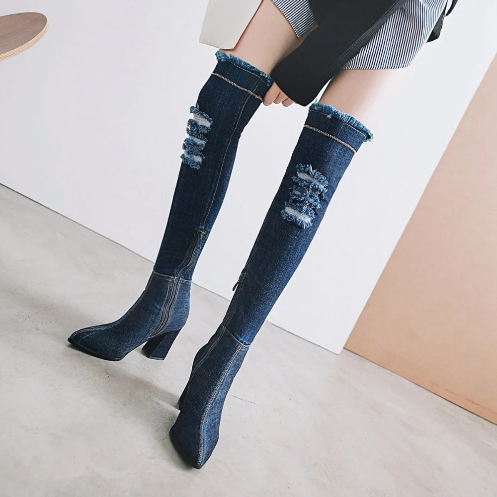 Chaussures Blue De Sur SRomance Carré Mode light Le 34 Talons Bleu dark Bureau Noir Pompes 43 Femme Bottes Blue Femmes Haute Plus La Noir Genou Sb071 Taille WBdCerxo