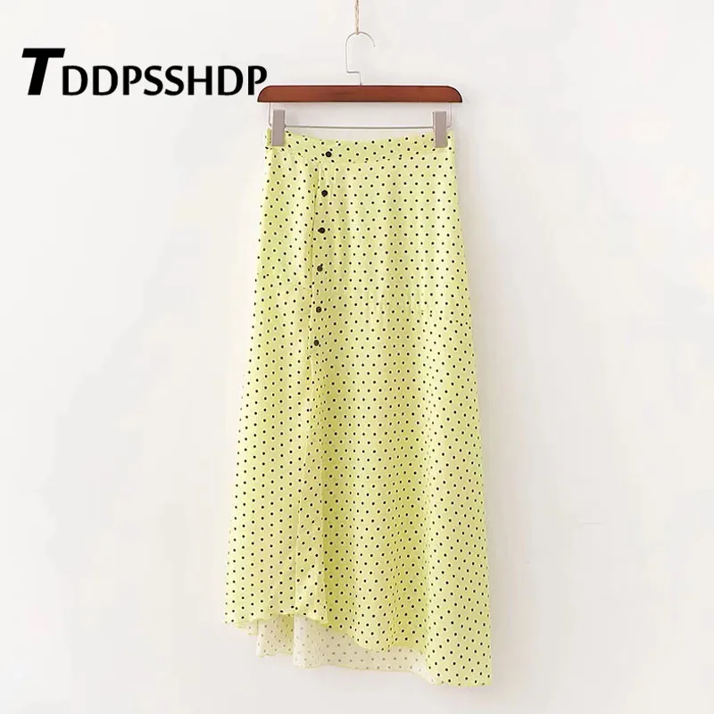 

Polka Dot Printing Yellow Color Women Skirt Button Decor Slit 2019 New Design Female Skirts