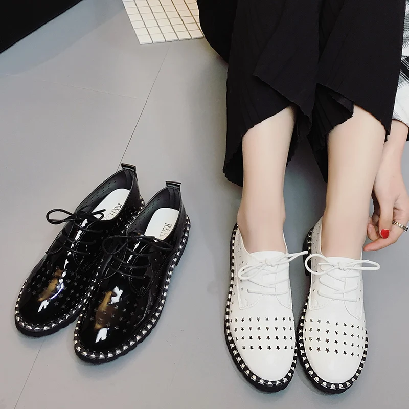 

Brand Spring Women Platform Hollow Shoes Woman Net red PU vulcanized shoes Lace Up Footwear Female Oxford Shoes For Women
