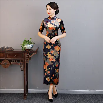 

Shanghai Story 2018 Autumn Long Chinese Dress For Woman Velvet Cheongsam Dress Women's Vintage Floral Qipao