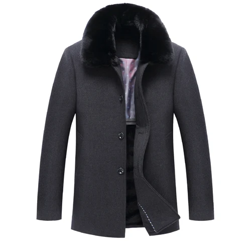 Новое повседневное длинное плотное теплое зимнее шерстяное пальто с большим меховым воротником темно-серого цвета пальто для мужчин - Цвет: Темно-серый