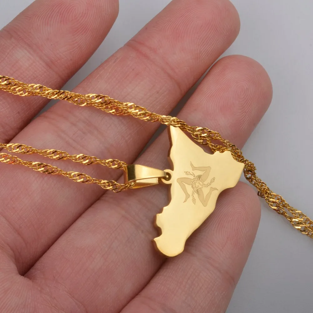 Collier Carte Sicile - Chaîne 60 Cm Acier Inox - Pendentif 2,6 Cm - Bijou Hip-hop Ethnique