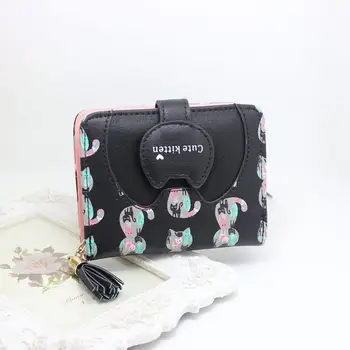 

PinShang Women Girl Wallet Tassel Zipper Cartoon Cat Printed PU Leather Coin Purse Card Holder Cute Wallet ZK30