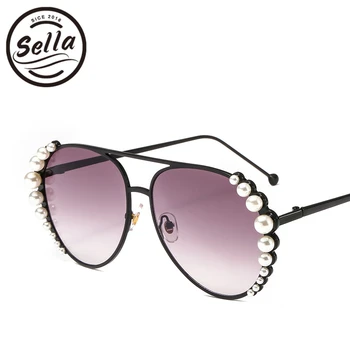 

Sella Fashion Sun Glasses For Women Luxury Pearl Decoration Oversized Pilot Sun Glasses Mirror/Gradient Lens 2018 Trending Shade