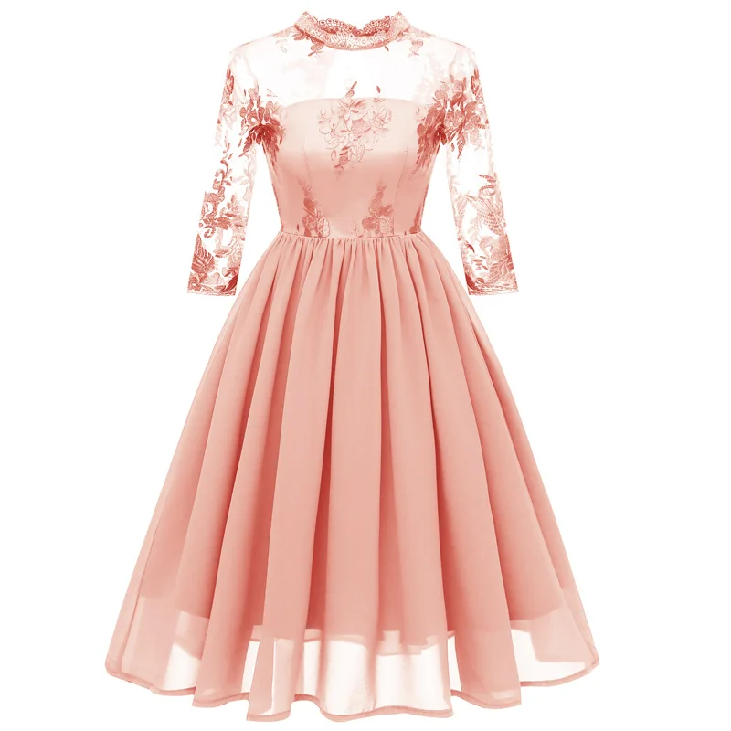 JLI может шифоновые кружевные вечерние платья Винтаж Женская одежда с вышивкой на осень 3/4 с длинным рукавом и стоячим воротником торжественное вечернее платье на свадьбу, элегантное платье - Цвет: Розовый