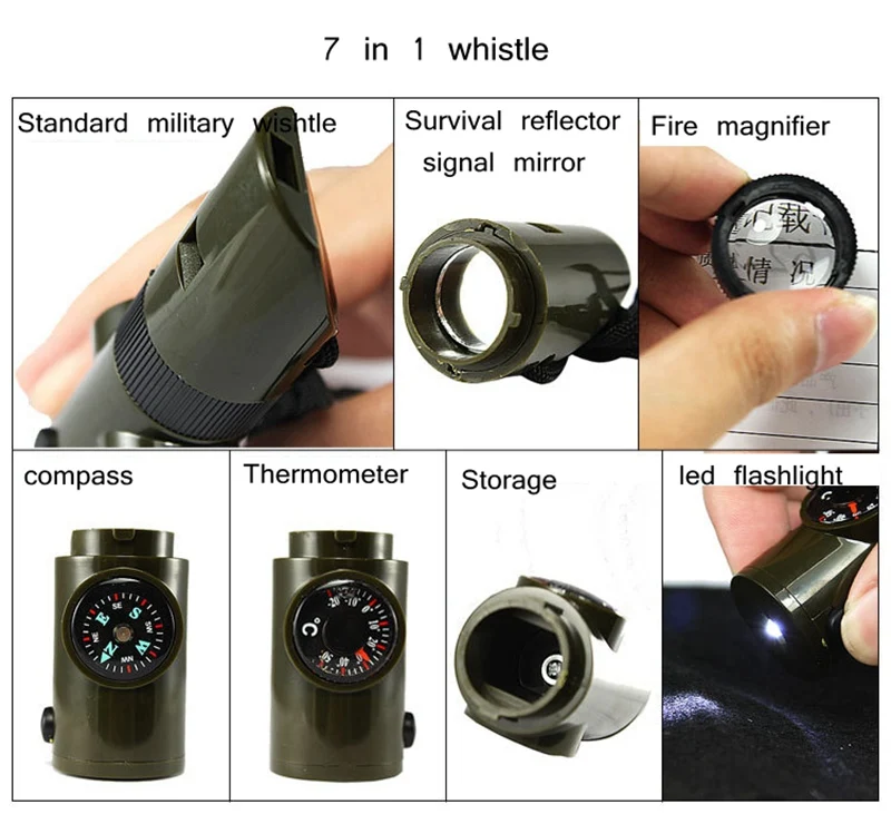 7 в 1 Многофункциональный выживания свисток SOS аварийно-спасательных компас термометр фонарь Лупа высокочастотный свист