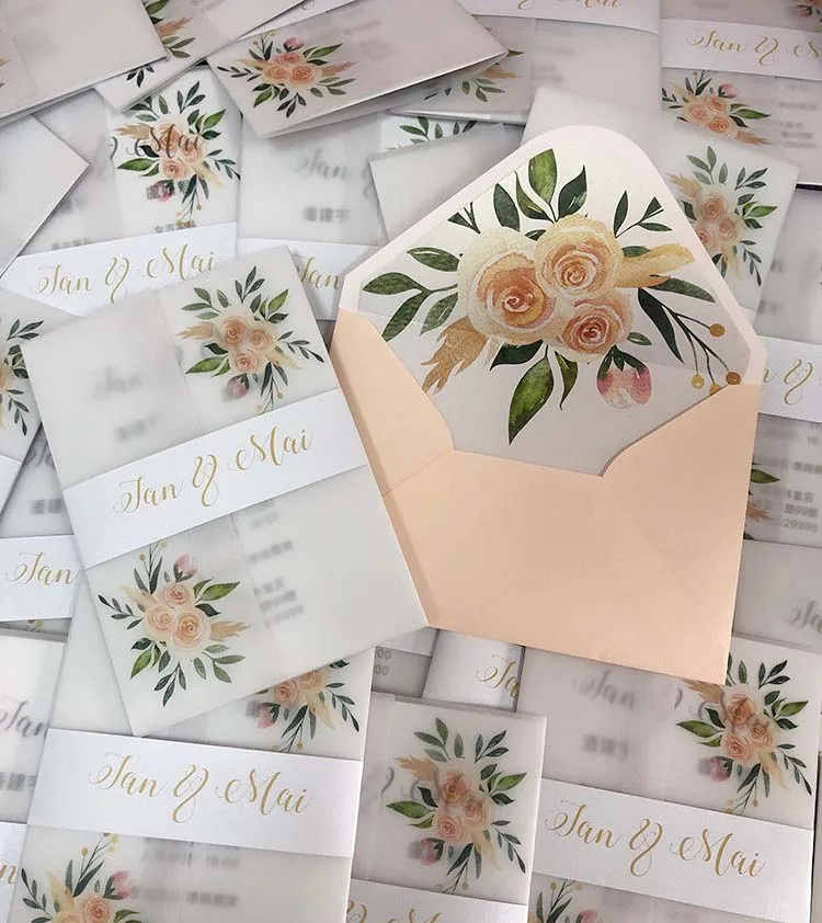  Custom Watercolor Floral Vellum Wedding Invitation with Envelope CA0957 - 32990914013