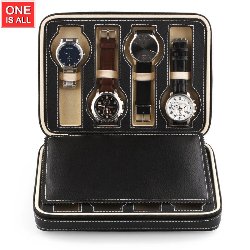 

8 Grids Watches Display Storage Box Case Tray Watches Storage Shelf Drawers Zippered Travel Watch Collector Brown