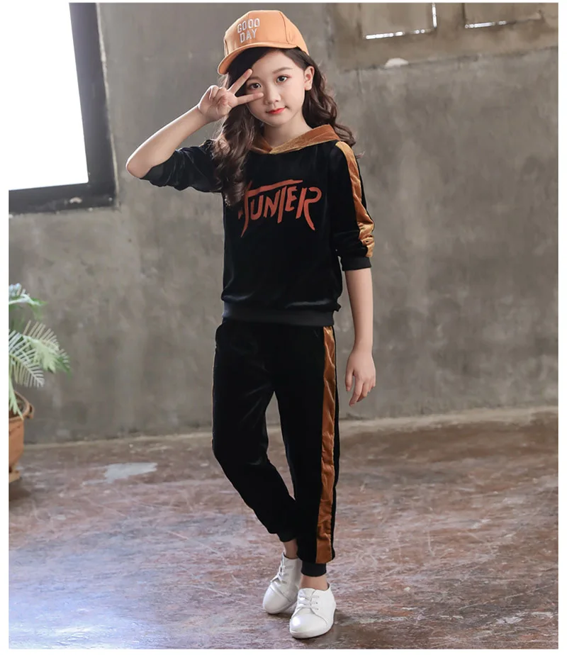 spring girls clothing sets kids girls clothes gold velvet two-piece suit children sport suit for girls (10)