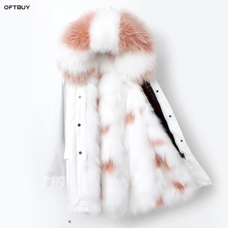 

OFTBUY 2019 White long parka real raccoon fur coat hooded winter jacket women natural fox fur liner outwear news ins fashion