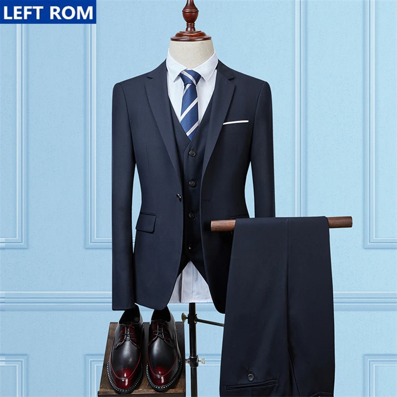 Navy blue Высококачественные мужские формальные костюмы смокинг мужские куртки+ брюки+ жилеты модные деловые Свадебные банкетные тонкие элегантные мужские костюмы - Цвет: Navy blue