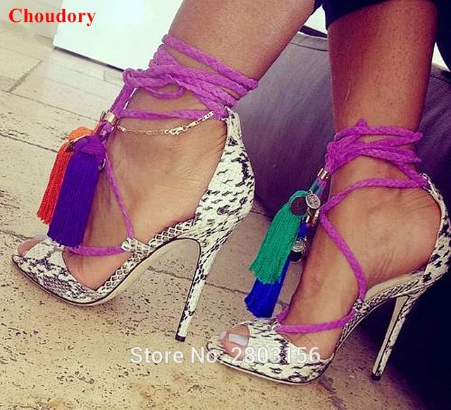 Ladies Snakeskin sandals Women Pumps Fringe Gladiator high heels Sexy