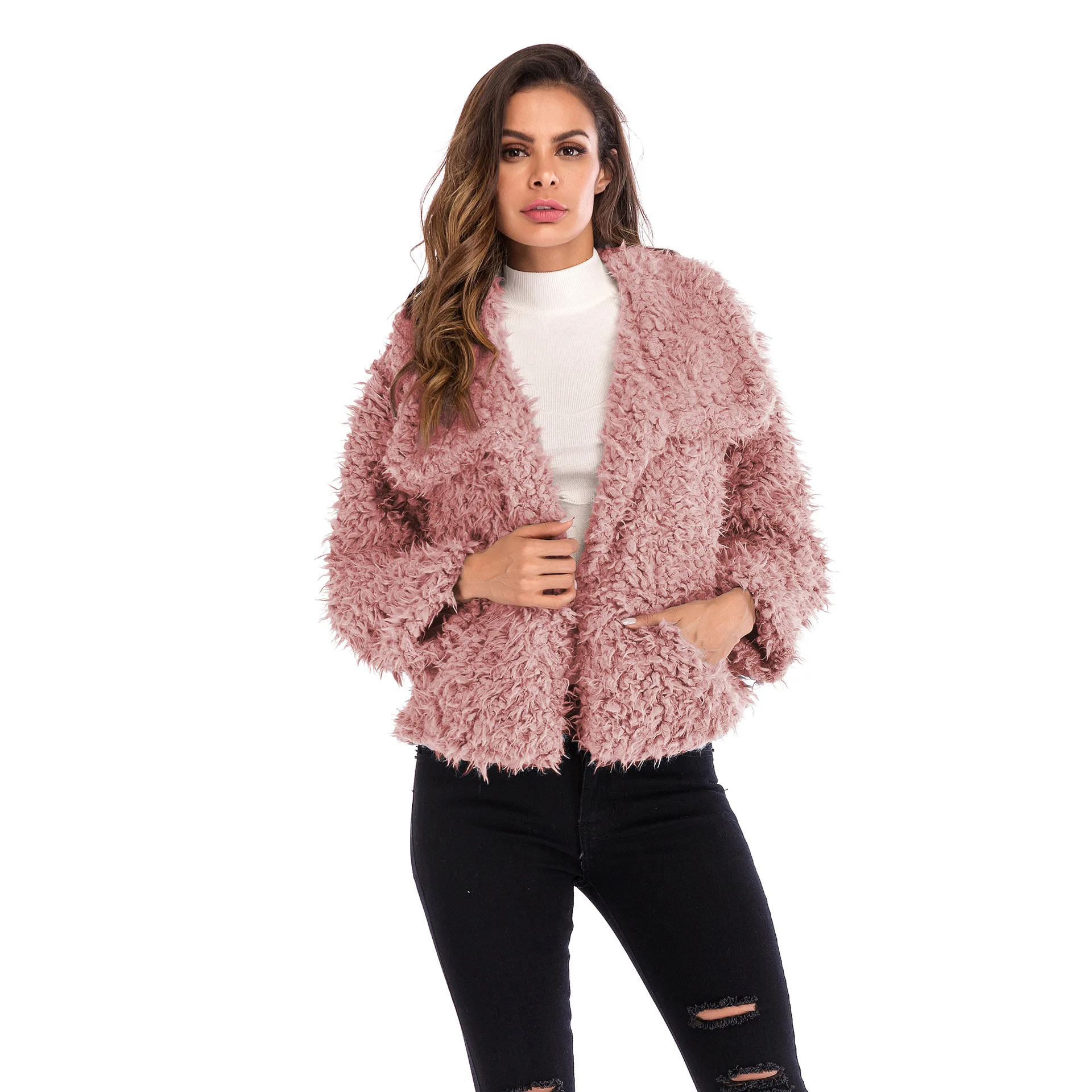 Faux Fur Furry Jacket Autumn Turn down Collar Long Sleeve Fashion Slim ...