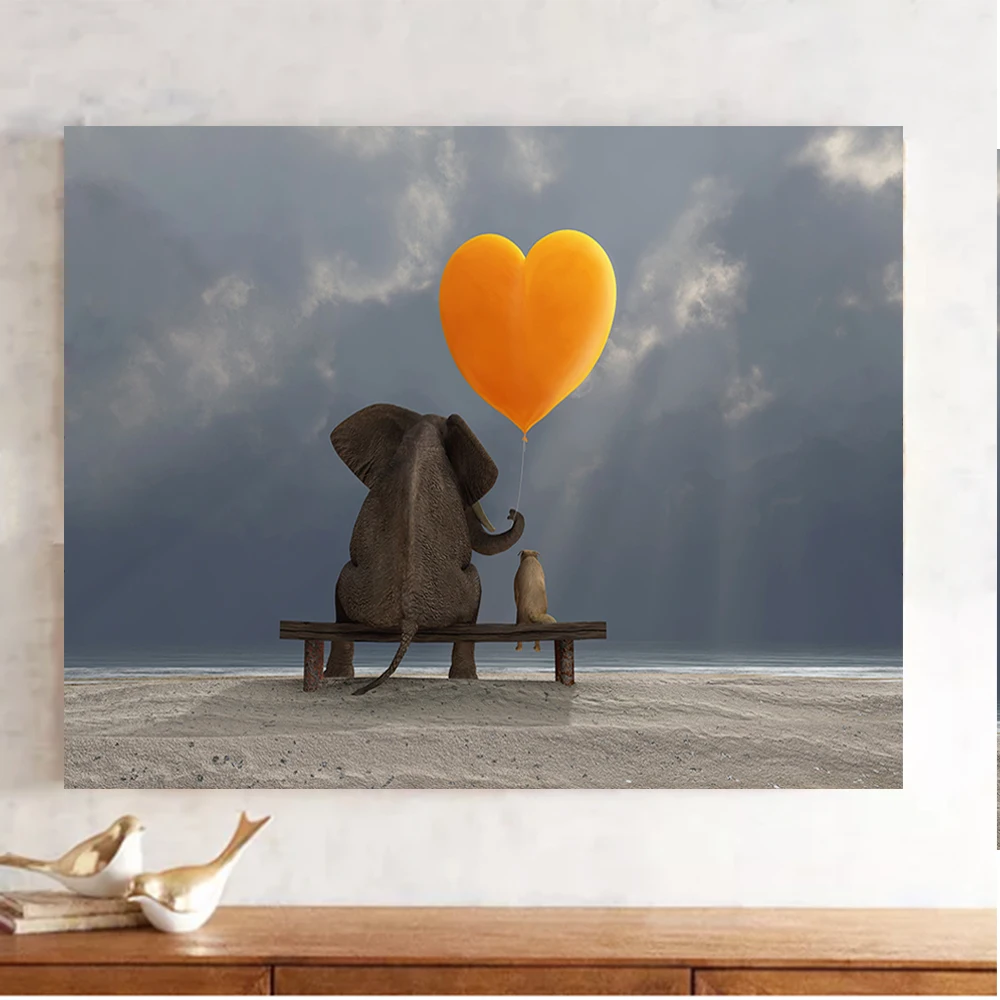 Elephant And Dog Animal Holding A Heart Shaped Balloon Printing On Cavans Poster Decor Pictures For Living Room Bedroom Home | Дом и сад