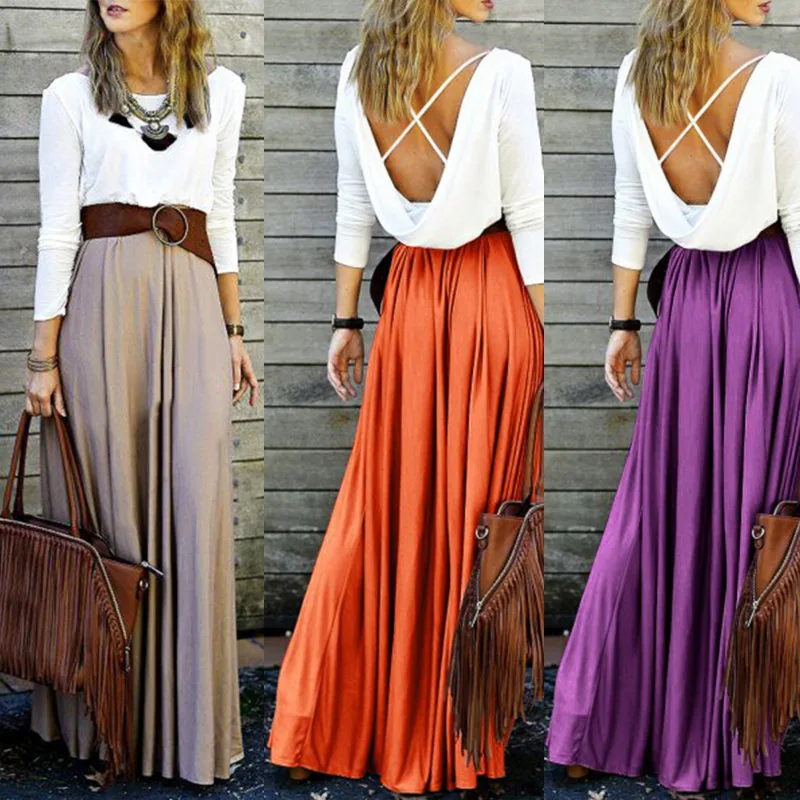 

2018 Summer Women Pure Color Chiffon Long Skirt Nature Waistline A-Line Floor Length Skirts