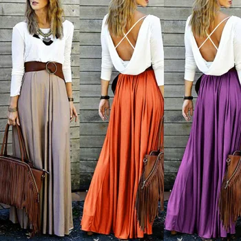 

2018 Summer Women Pure Color Chiffon Long Skirt Nature Waistline A-Line Floor Length Skirts