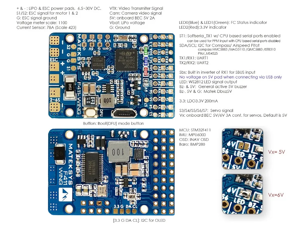 Matek Systems F411-WING STM32F411 полета Управление; Управление с inavosd MPU6000 BMP280 Поддержка Fly крыло с неподвижным крылом RC самолет