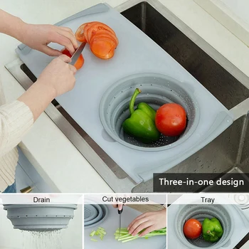 

3 In 1 Multi-Function Food Tray Sink Drain Basket Cutting Board Filter Chopping Blocks Meat Vegetable Fruit Basket Storage Cho