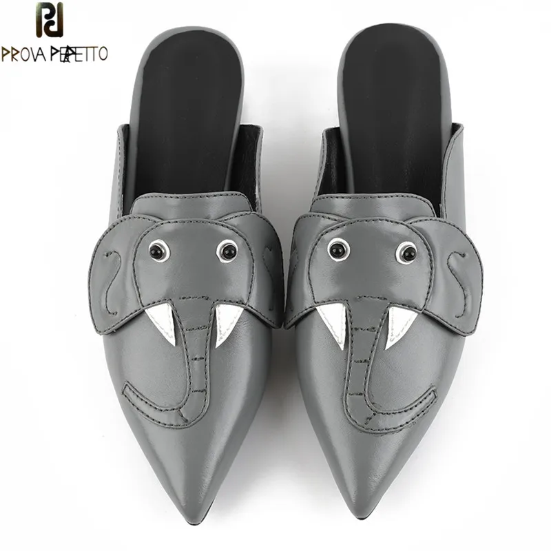 

Prova Perfetto 2018 Fashion Crystal Heel Mules Shoes Elephant Pattern Pointed Toe Low Heel Shoes Woman Real Leather Casual Shoes