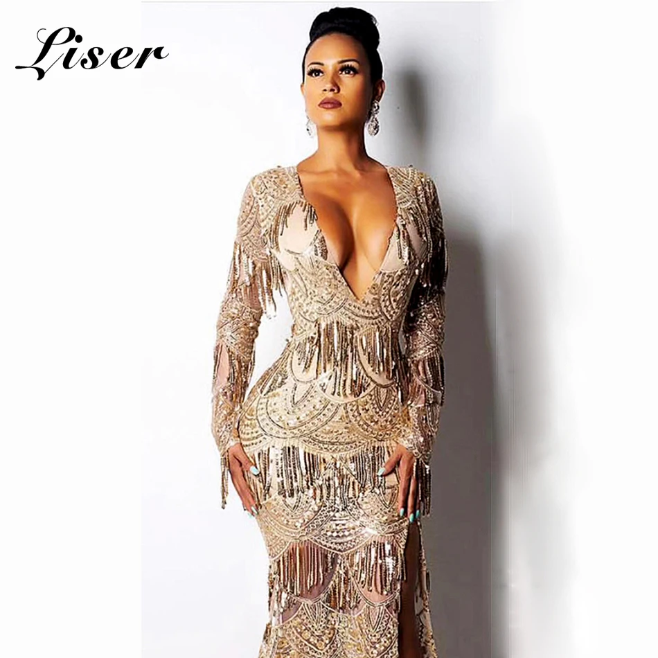 

Liser 2019 New Spring Women Dress V Neck Sequined Dress Sexy Bodycon Elegant Celebrity Party Gold Dresses Vestidos Wholesale