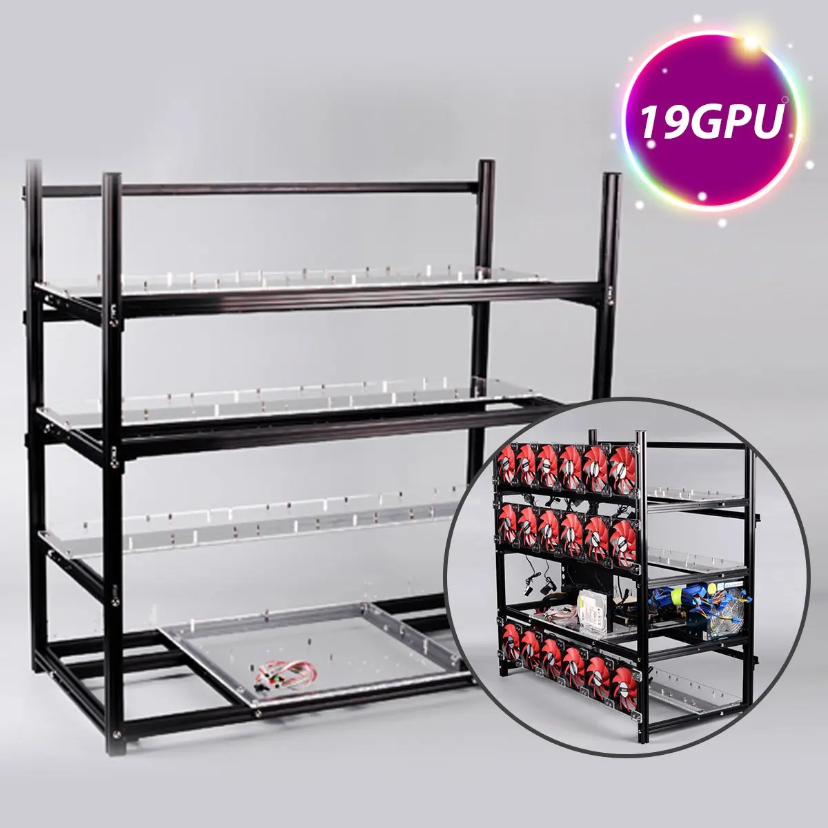 Silver Mining Rig Aluminum Stackable Case Open Air Frame ETH/ZEC/Bitcoin Hold 19 GPUs Supports 18 Fans