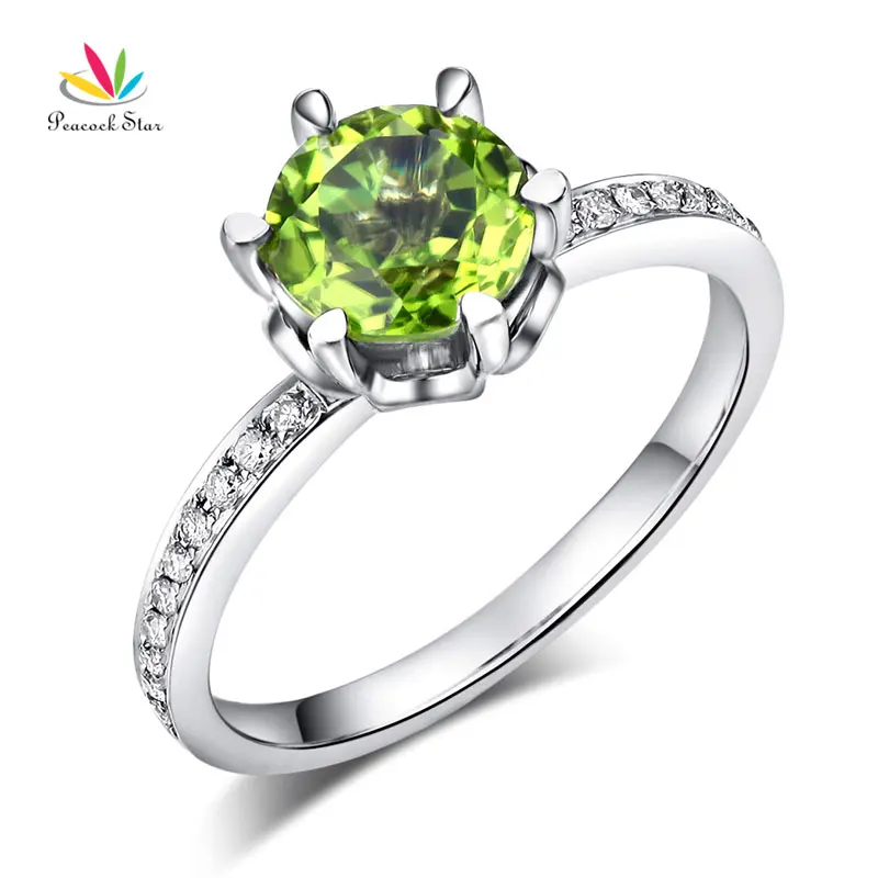

Peacock Star 14K White Gold Wedding Engagement Ring 1.4 Ct Peridot 0.14 Ct Natural Diamonds